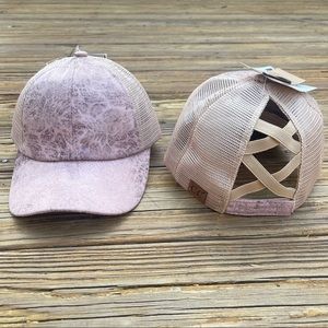 C.C Pink Vintage Faux Leather Criss Cross Pony Cap